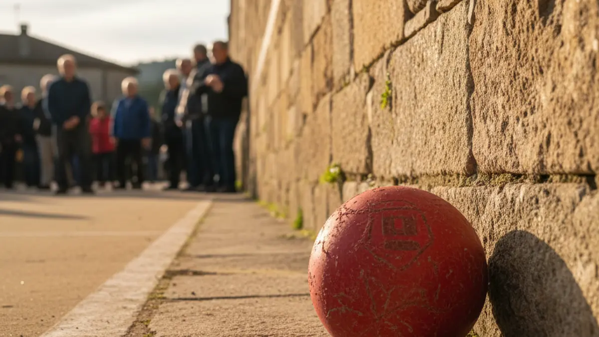 Una pelota de pelota vasca en el suelo, frente a una pared de frontón, con espectadores difuminados.