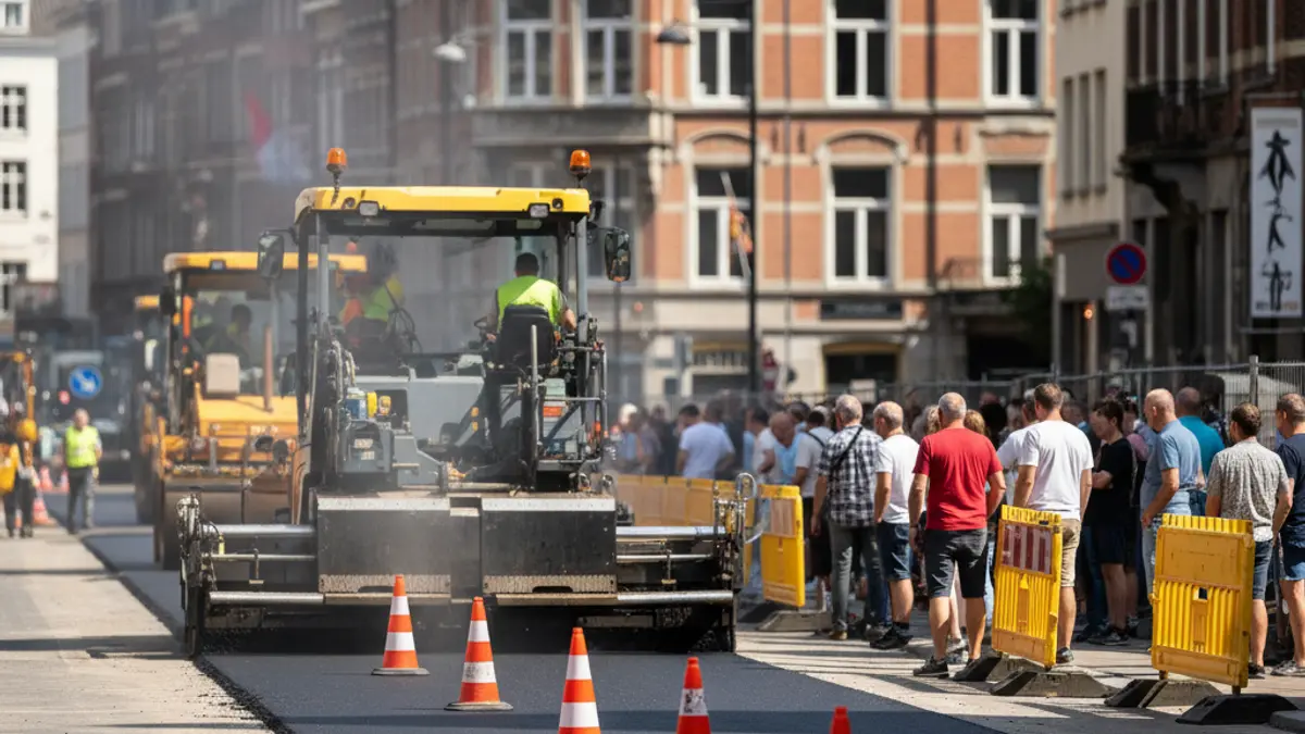 Asfaltatze lanen irudi generikoa, kono eta seinaleekin.