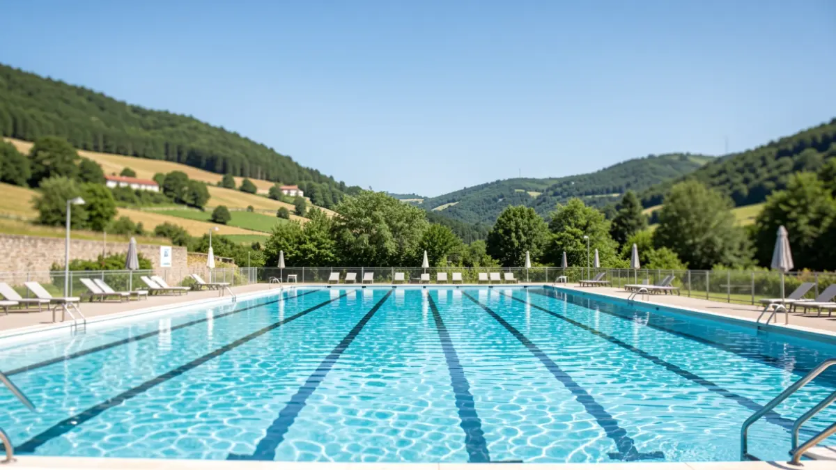 Exterior view of a public swimming pool complex in Arrasate, with clear blue water and surrounding green hills under a bright summer sky.