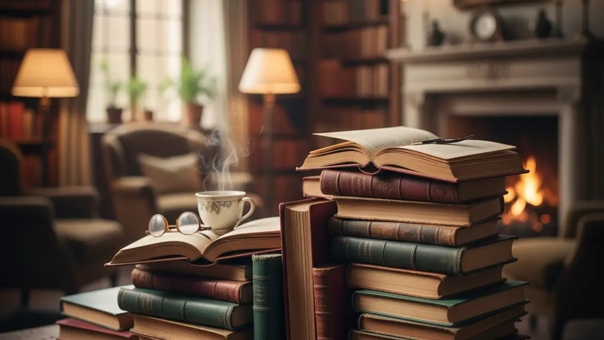 Stack of books on a wooden table, with a blurred background, literary atmosphere.