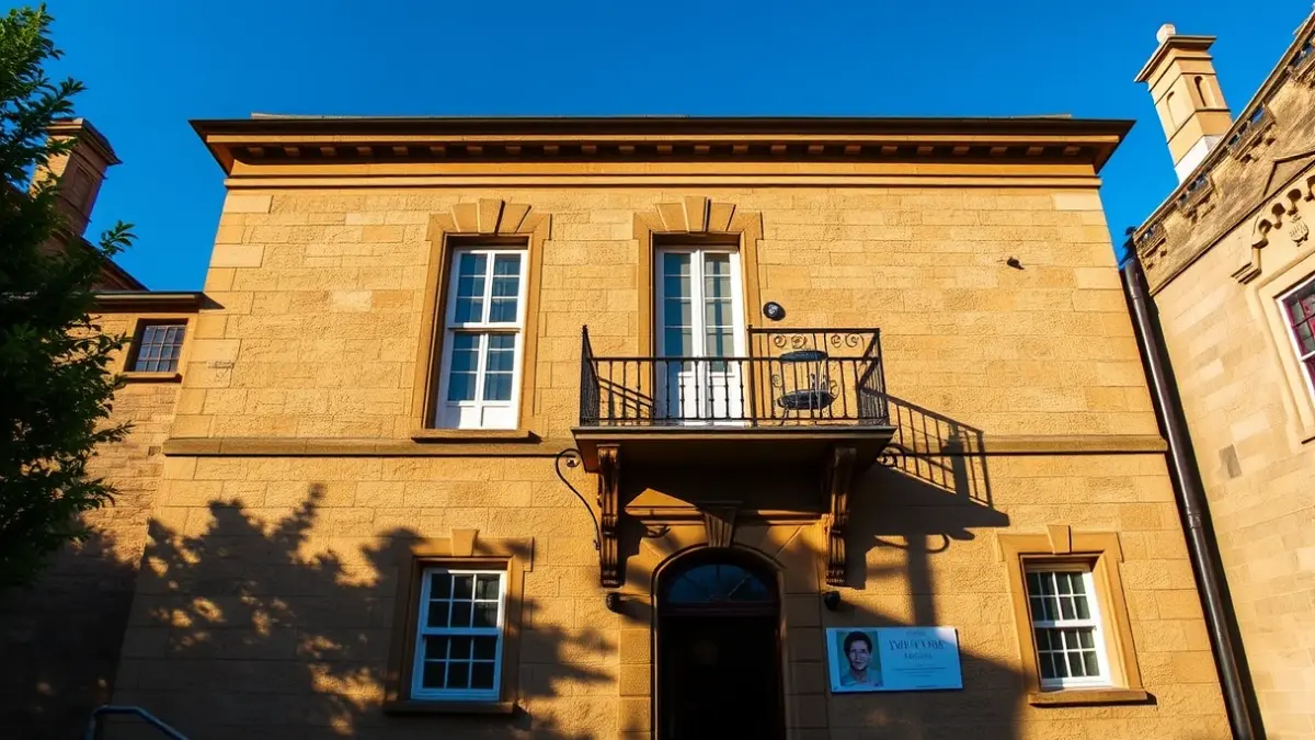 Facade of Arrieta town hall in sunlight