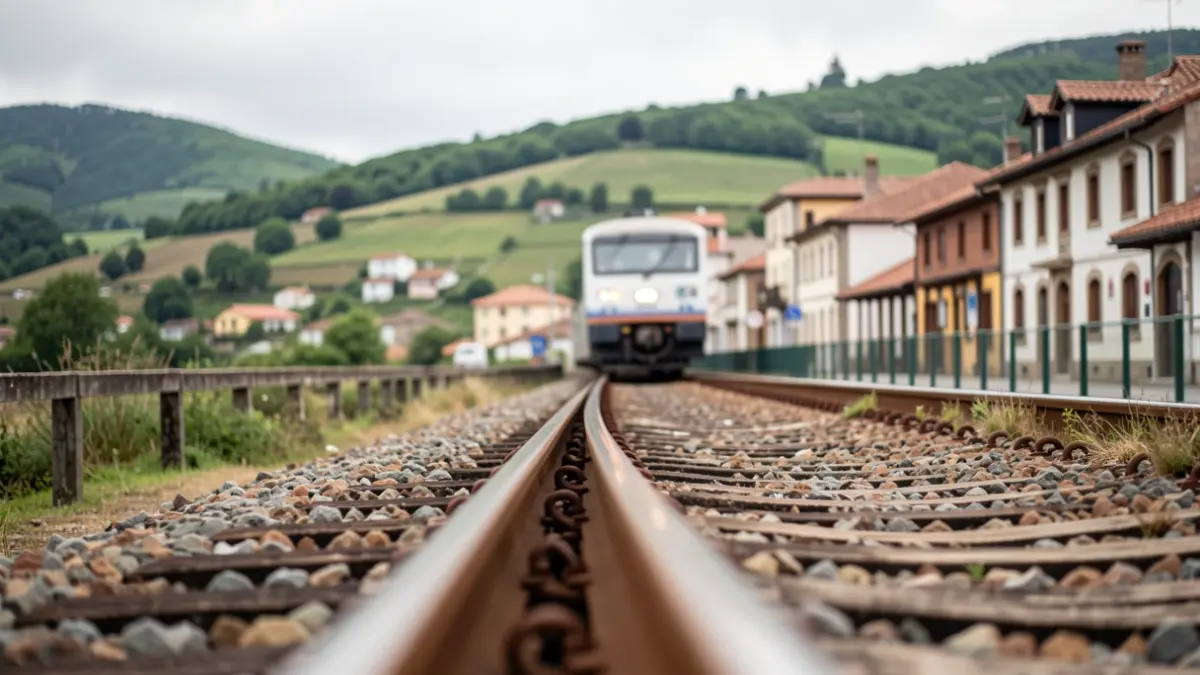 Imagen de primer plano de una vía de tren con un tren acercándose en la distancia, con arquitectura vasca tradicional y cielo cubierto de fondo.