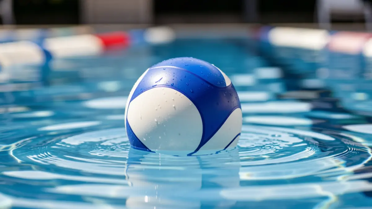 A water polo ball floating in a swimming pool, with blurred blue water and white lane markers visible.