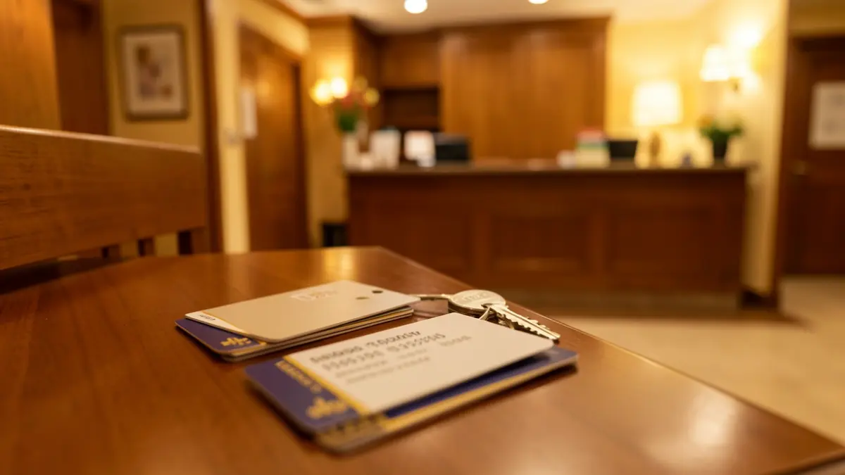 Irudi generikoa hotel bateko harrera mahaiaren ingurukoa.