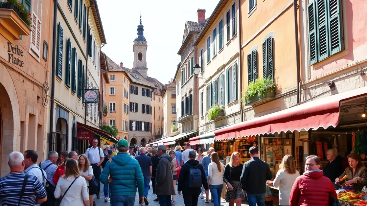 Generic image of a lively street scene in a historic European town, with people browsing stalls, a mix of traditional architecture and modern activity, suggesting a lively market or festival atmosphere, under a bright sky.