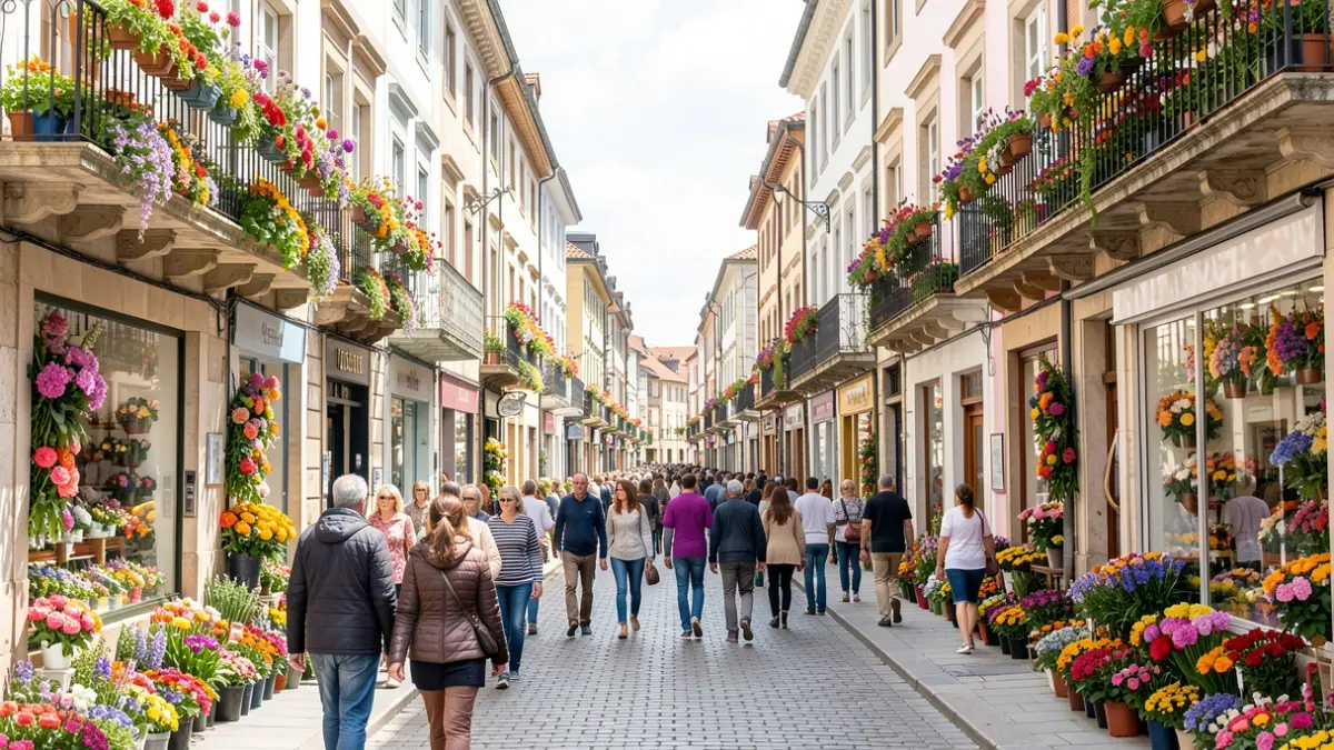 A vibrant street scene in Vitoria-Gasteiz during the Festival de las Flores, with colorful floral arrangements decorating shop windows and balconies, people strolling and enjoying the atmosphere, bright daylight, Euskadi architectural style.