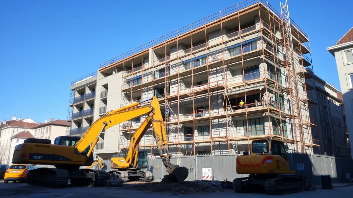 Imagen genérica de obras de construcción con maquinaria pesada y andamios.