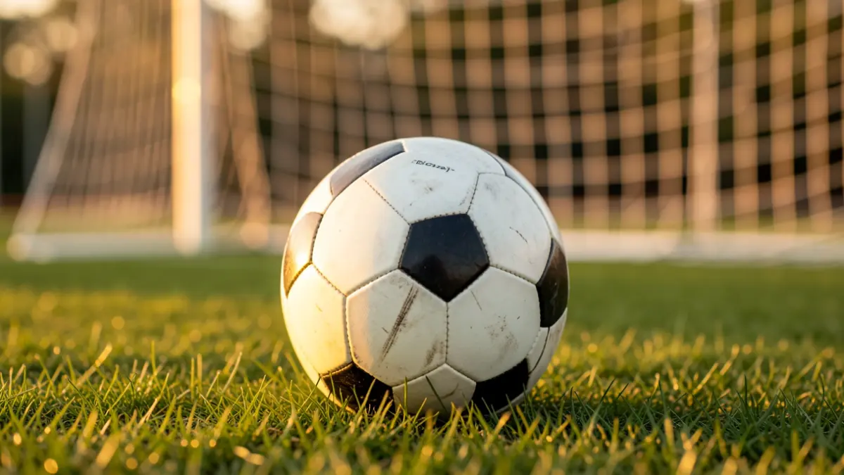 Futbol zelai batean dagoen pilota baten argazkia, sareta lausoa atzealdean.