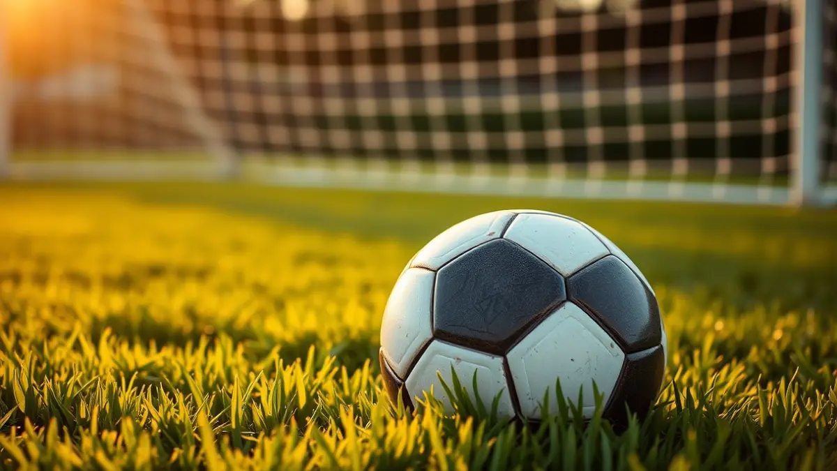 Imagen genérica de un balón de fútbol sobre césped, con la red de la portería difuminada al fondo.