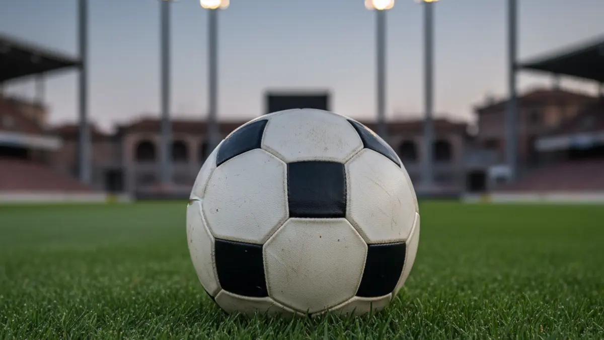 Imagen genérica de un balón de fútbol en césped verde, con luces de estadio difuminadas al fondo.