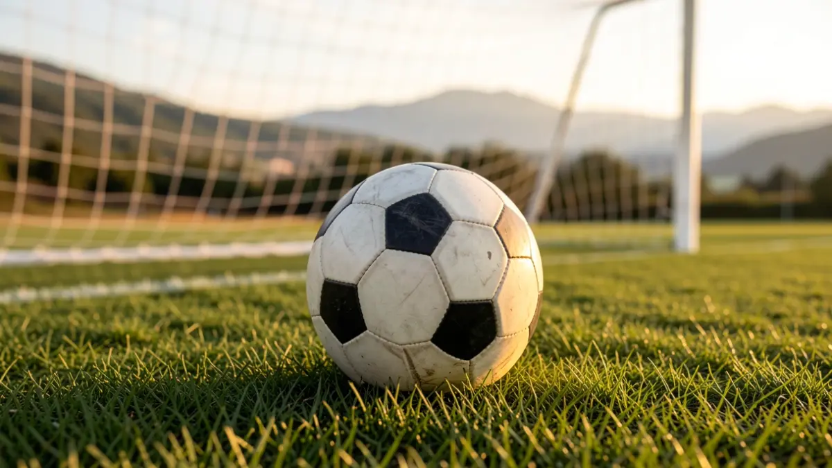 Futbol pilota bat belar gainean, urrezko argitan.