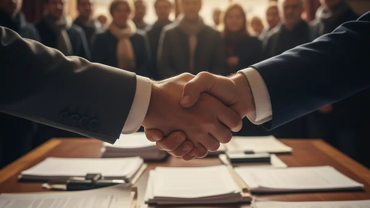 Generic image of two hands shaking over a desk, symbolizing an agreement.