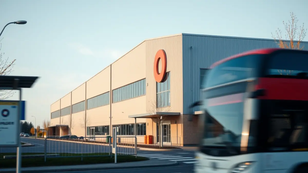 A bus in front of a factory, representing a worker transport service.
