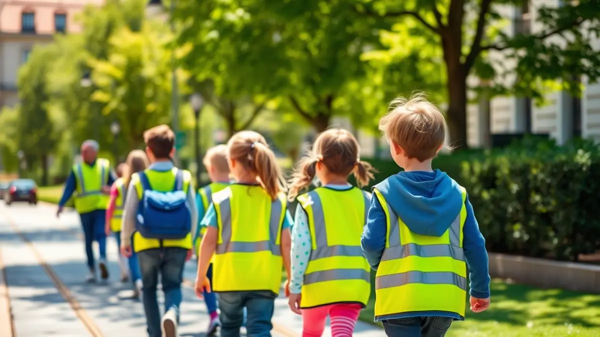 Niños caminando a la escuela con chalecos de seguridad amarillos.