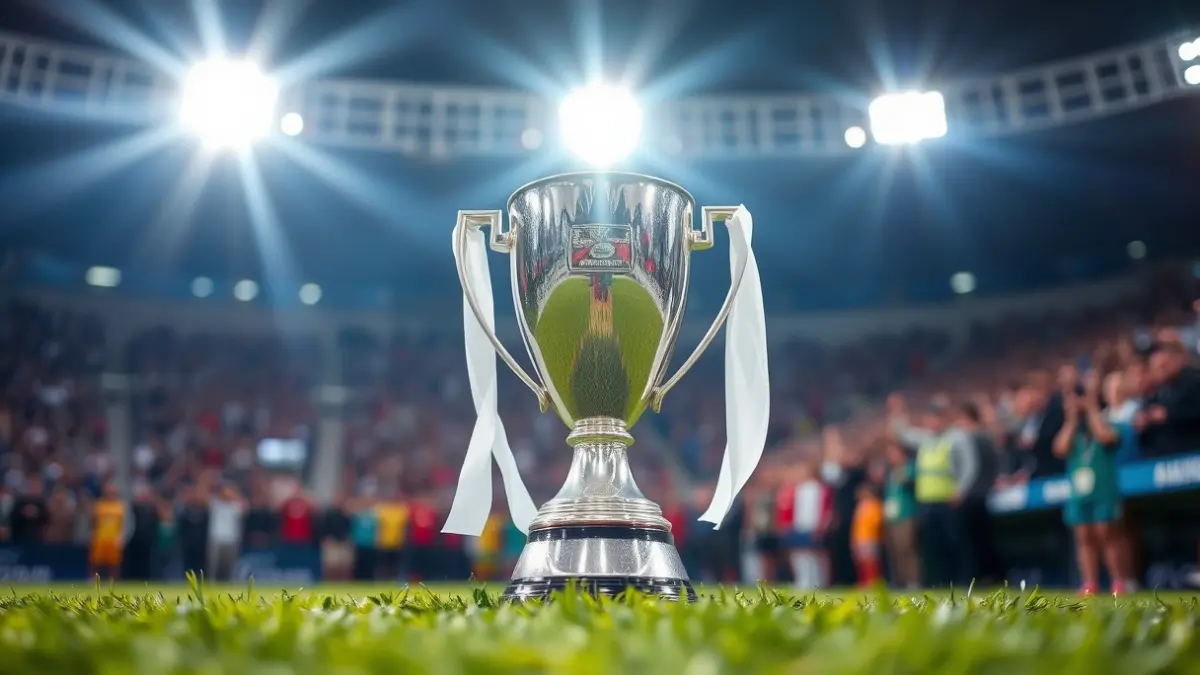 Generic image: a silver football trophy on green grass, under stadium lights.