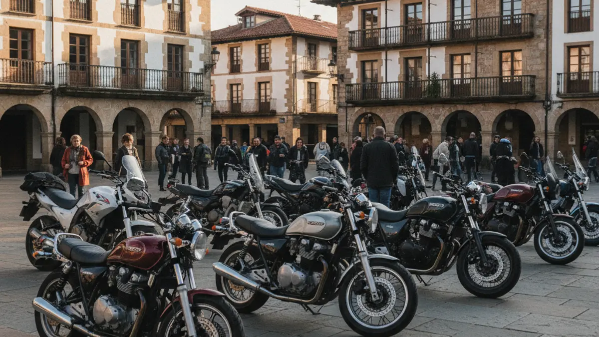 A group of motorcycles parked in a town square in Azkoitia, with morning light.