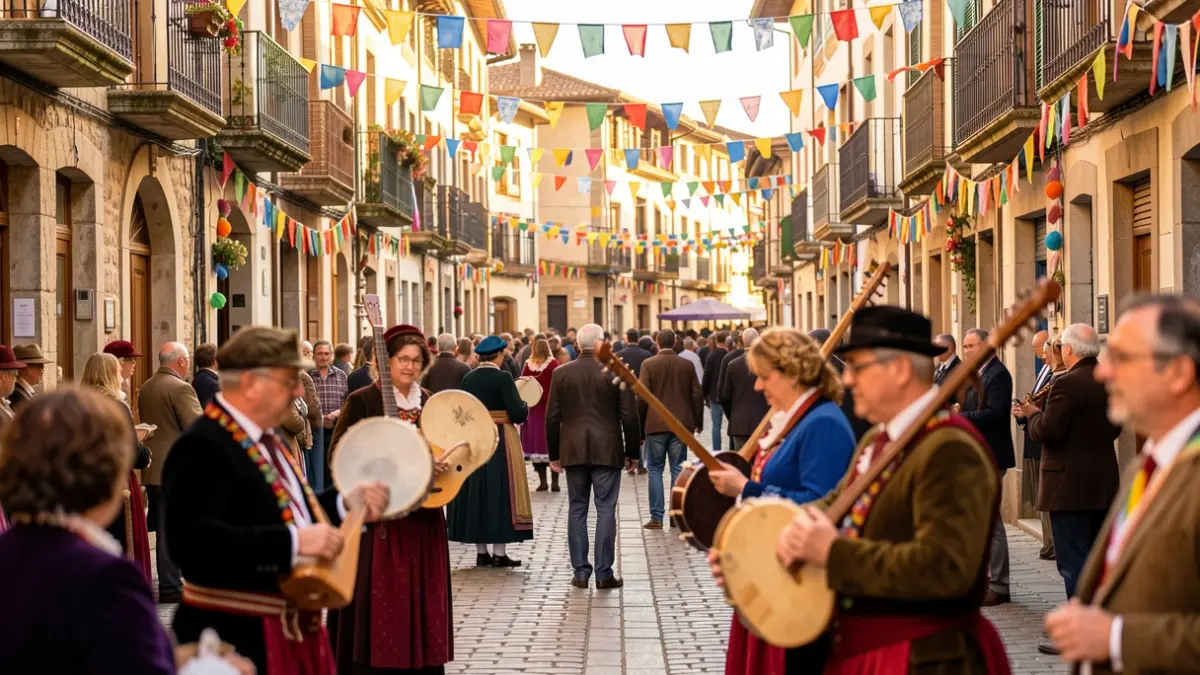 Generic image: Azkoitia street scene during the Trikiti Eguna celebration, featuring trikitixa players and pandero players.