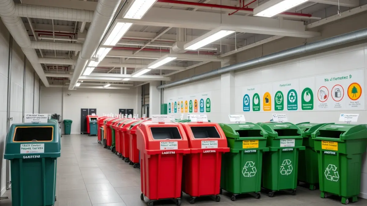 Imagen genérica de una instalación moderna de gestión de residuos con contenedores clasificados.