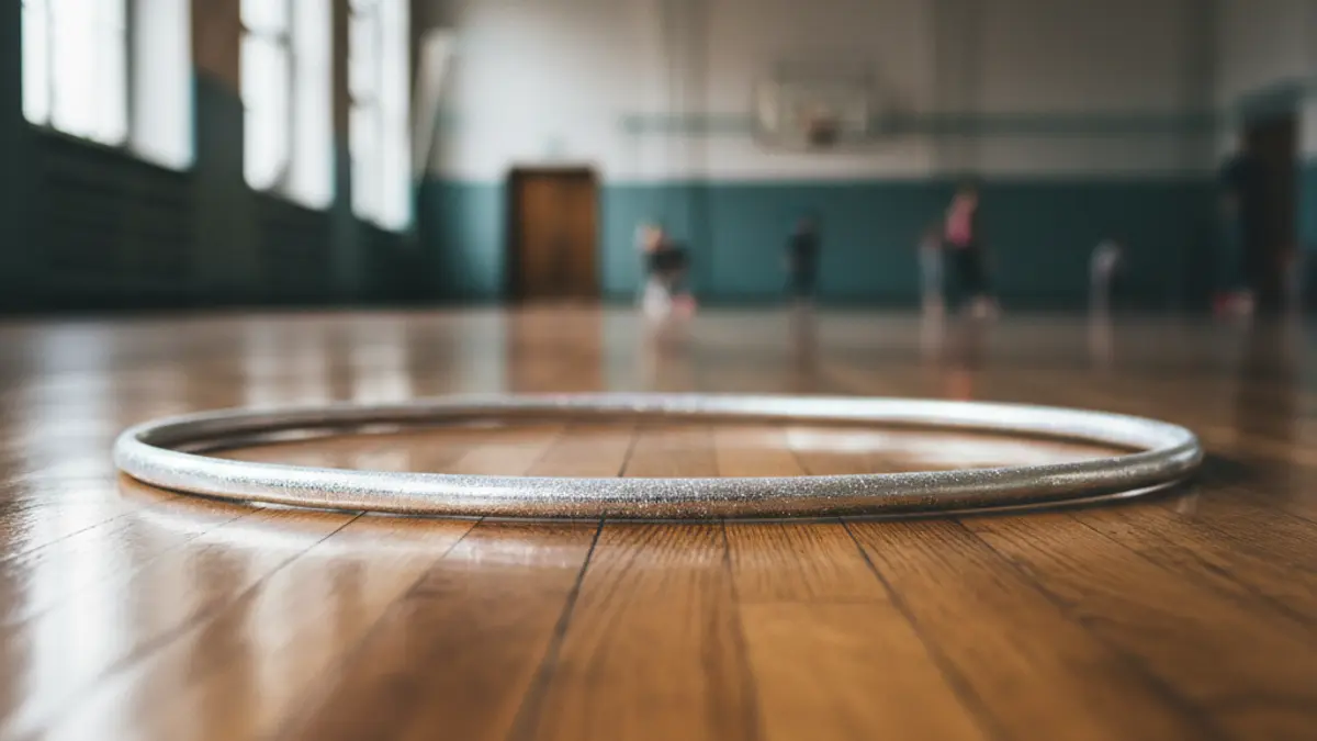 Generic image of a rhythmic gymnastics hoop on a polished gymnasium floor.
