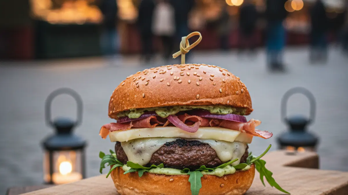 Generic image of a gourmet hamburger with fresh ingredients and a blurred background.