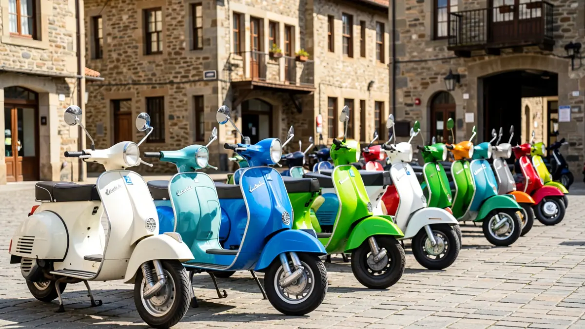Generic image: Classic Lambretta and Vespa scooters parked in a Basque Country town square.
