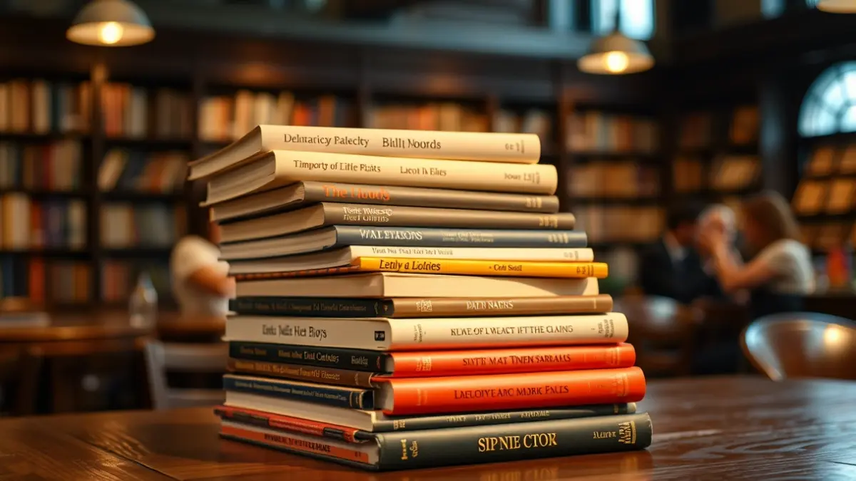 Generic image of a stack of books on a table, with warm lighting.