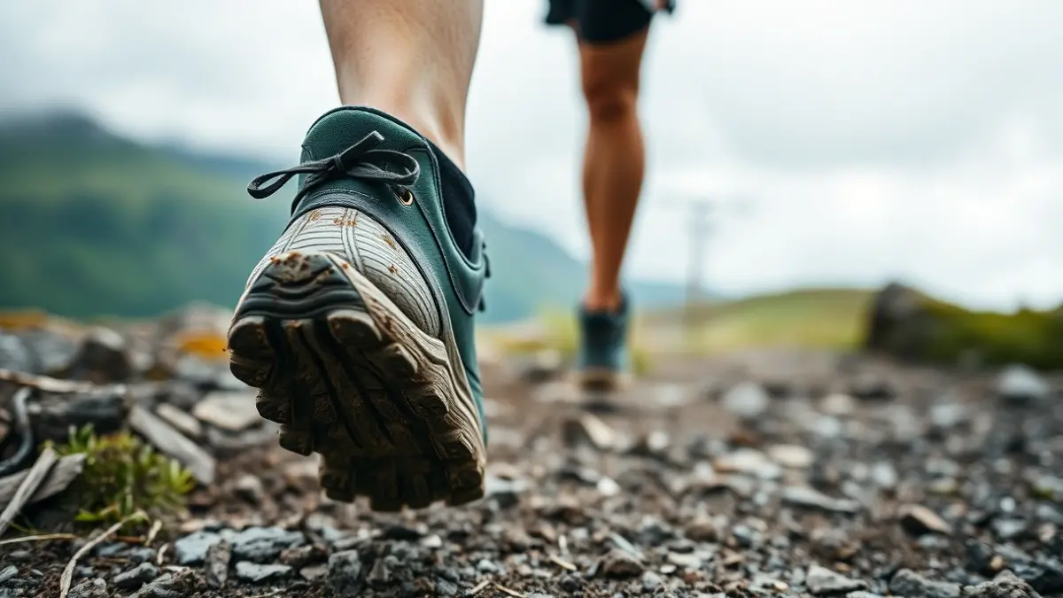 Generic image of a runner's muddy trail shoes in a mountain race.