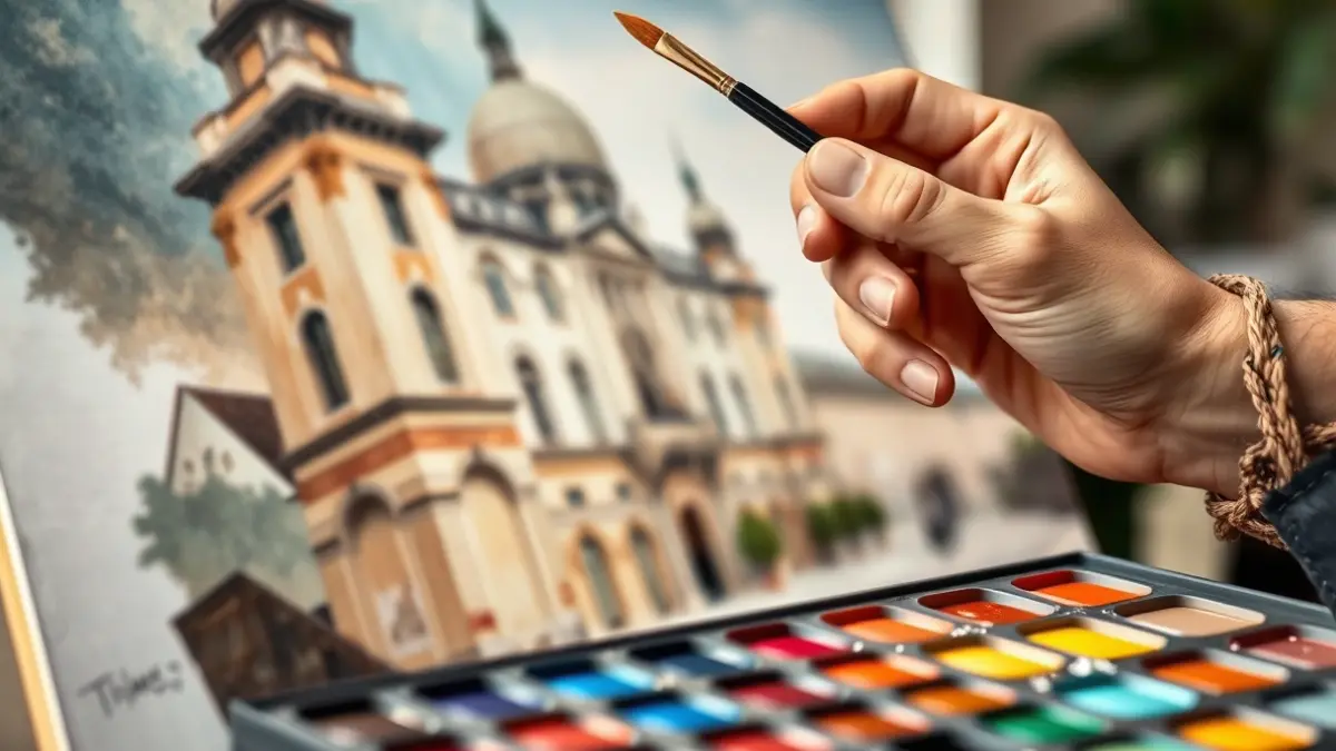 Generic image of an artist's hand holding a paintbrush over a canvas with a blurred architectural scene.