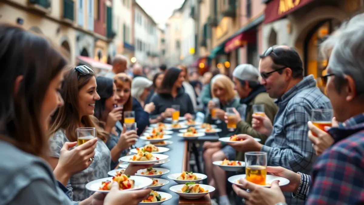 Festive atmosphere of Pintxo Eguna in Baiona, with people enjoying pintxos and socializing.