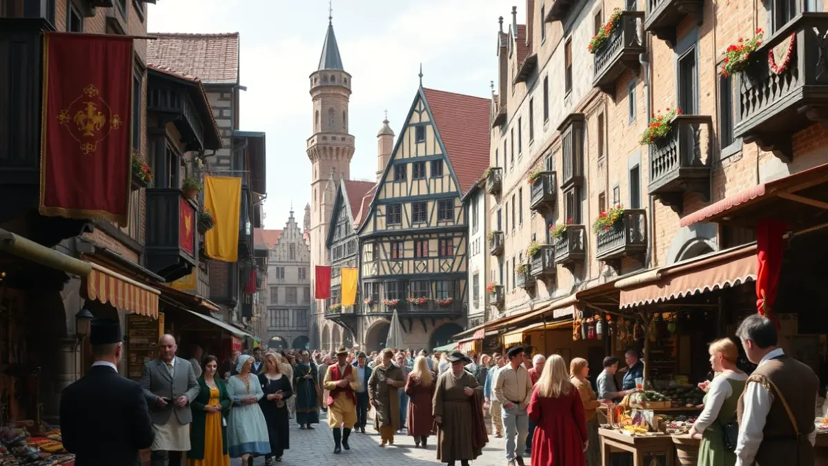 Imagen genérica del mercado medieval de Balmaseda, con gente y puestos.
