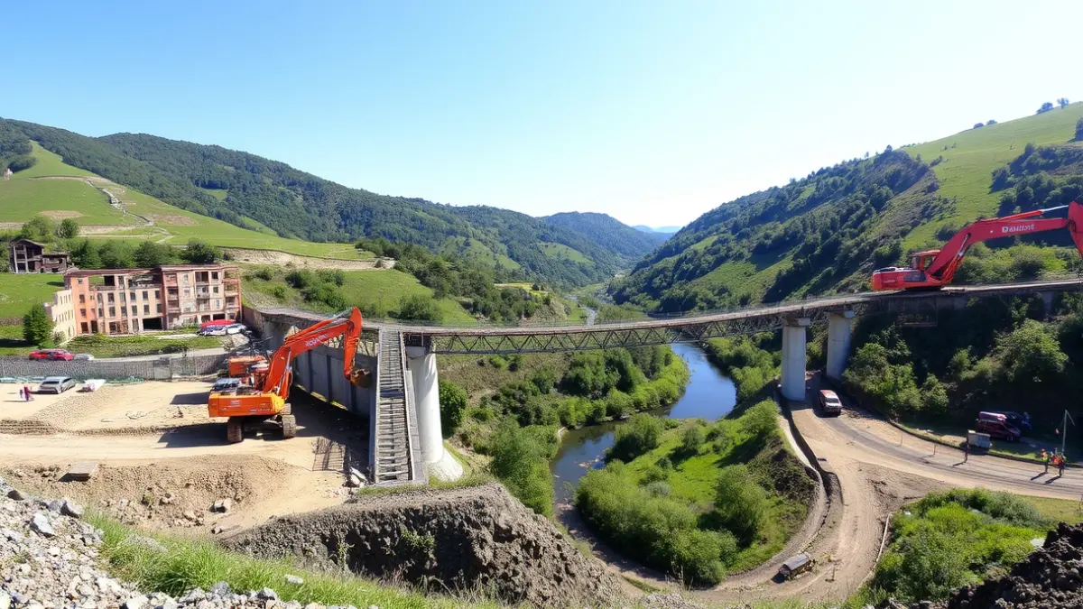 Construction works of a viaduct in Balmaseda, in a natural setting.