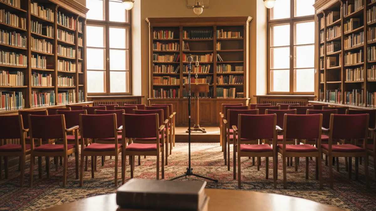 Generic image of a library with books and a microphone on a table.