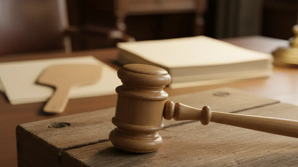 Generic image of a gavel on an auction block, with blurred paperwork in the background.