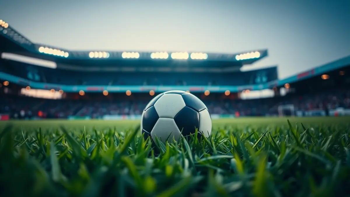 Generic image of a soccer ball on grass, with blurred stadium lights in the background.