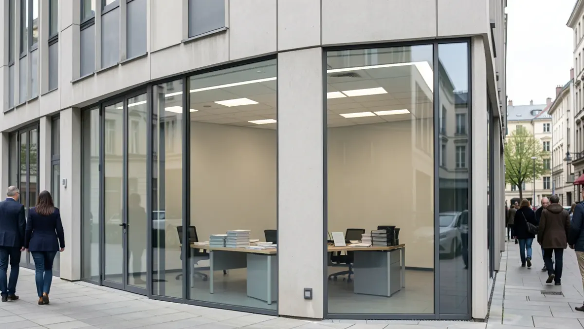 Generic image: facade of a modern office building with a partial wall dividing two interior spaces.