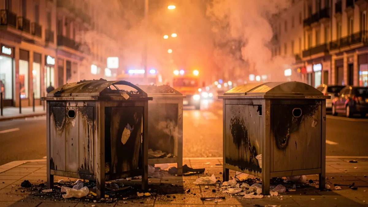 Burnt-out trash containers in Barakaldo at night.