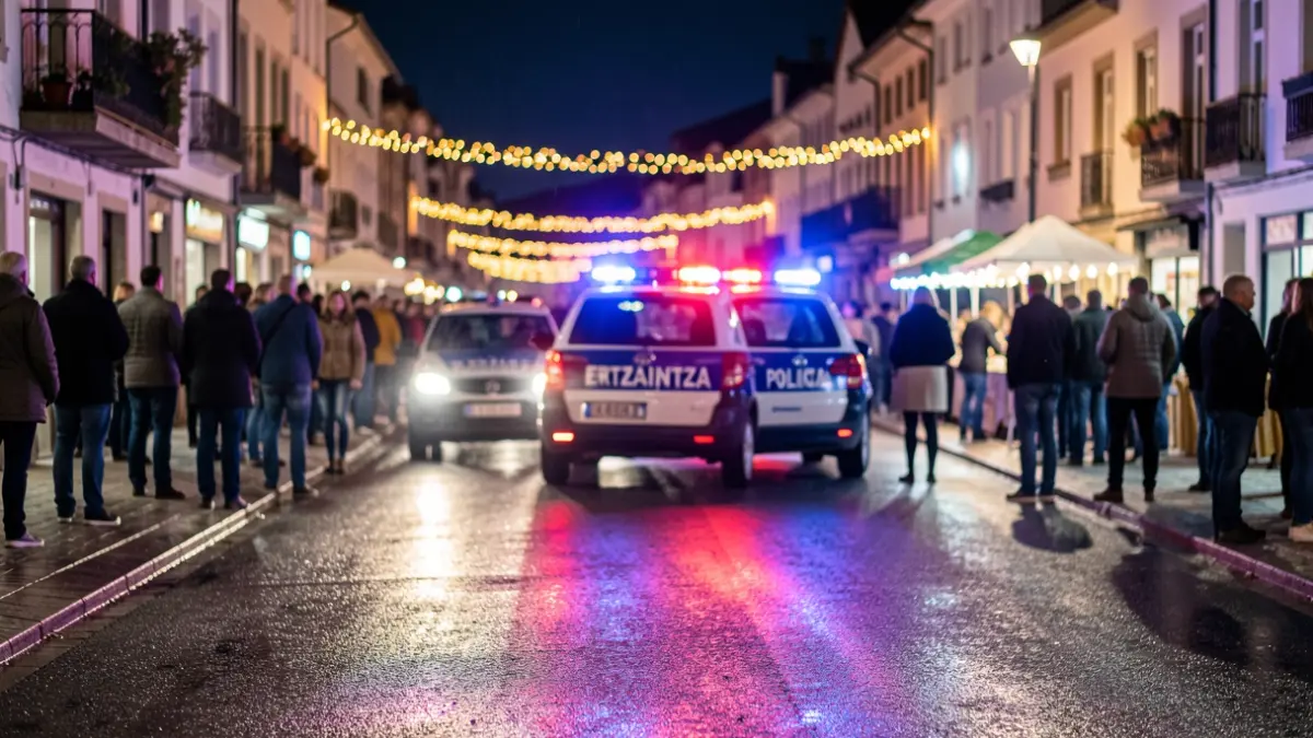 Irudi generikoa: Jai giroko gaueko argiak eta jendetza lausotuta, poliziaren argiak errepide bustian islatzen.