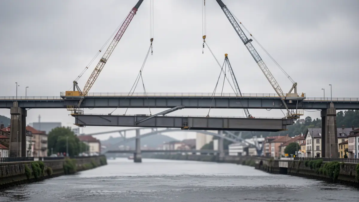 Two large cranes lifting a massive steel bridge section over a wide river estuary, with blurred industrial buildings and a grey sky in the background.