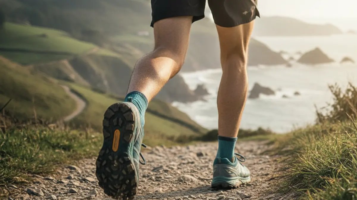 Generic image: a runner's feet on a trail, blurred natural landscape in the background.