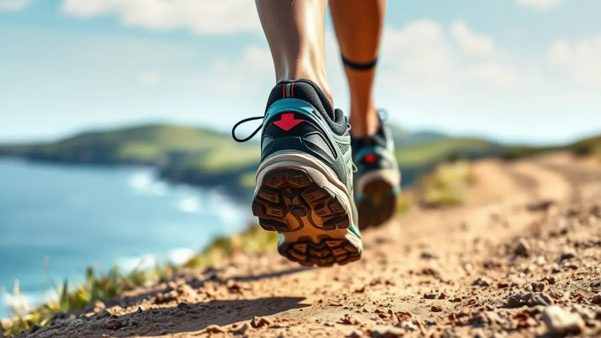 Generic image: A running shoe on a dirt trail, with a blurred coastal landscape in the background.