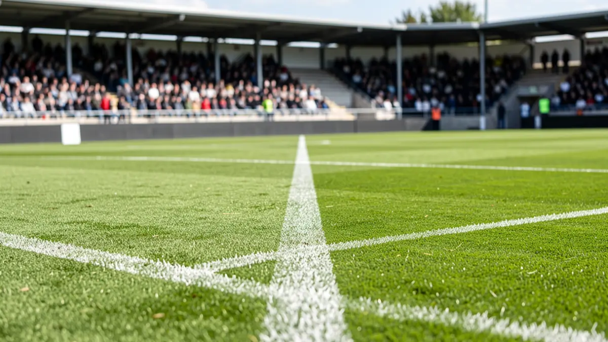 Image of the football pitch, with focus on the grass and stands.