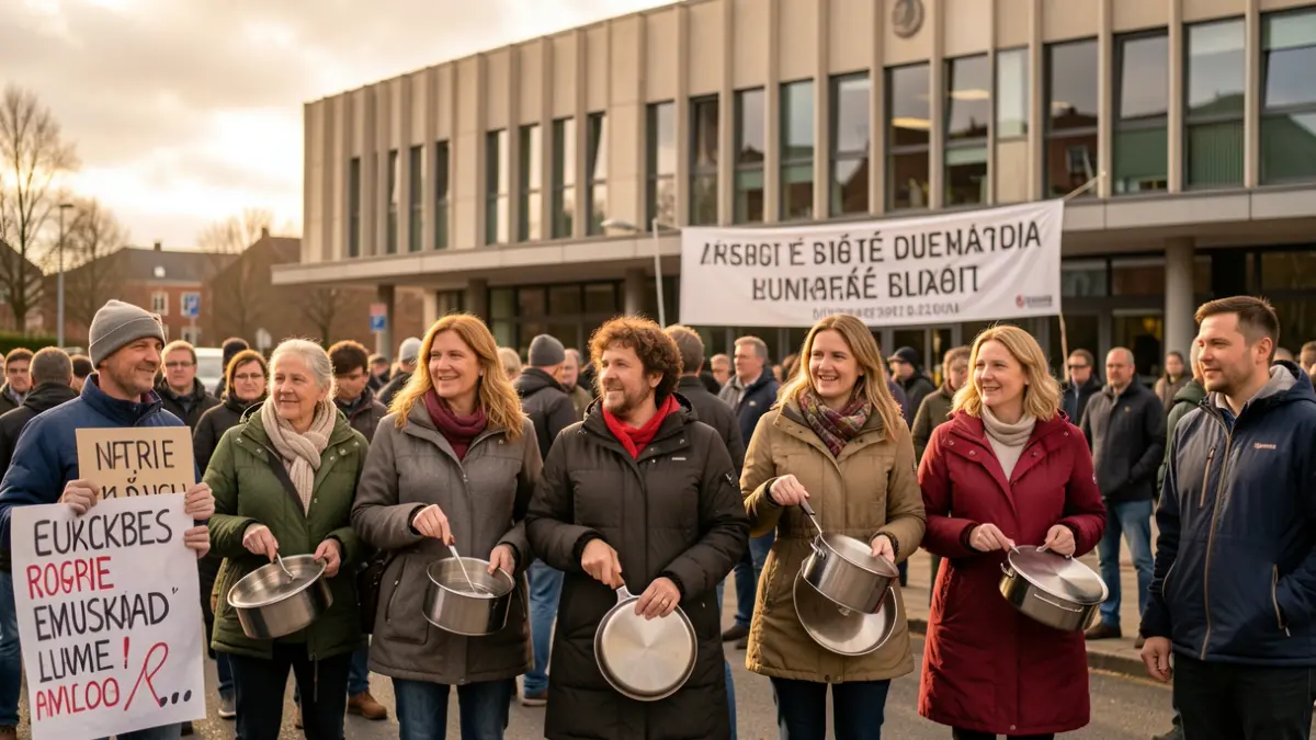 Grupo de padres protestando con pancartas y cacerolas frente a un edificio público.