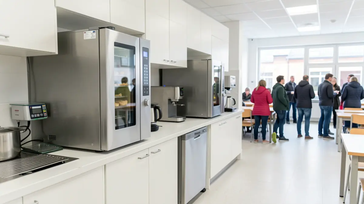 Vertical electric kitchen equipment installed in a modern school cafeteria.