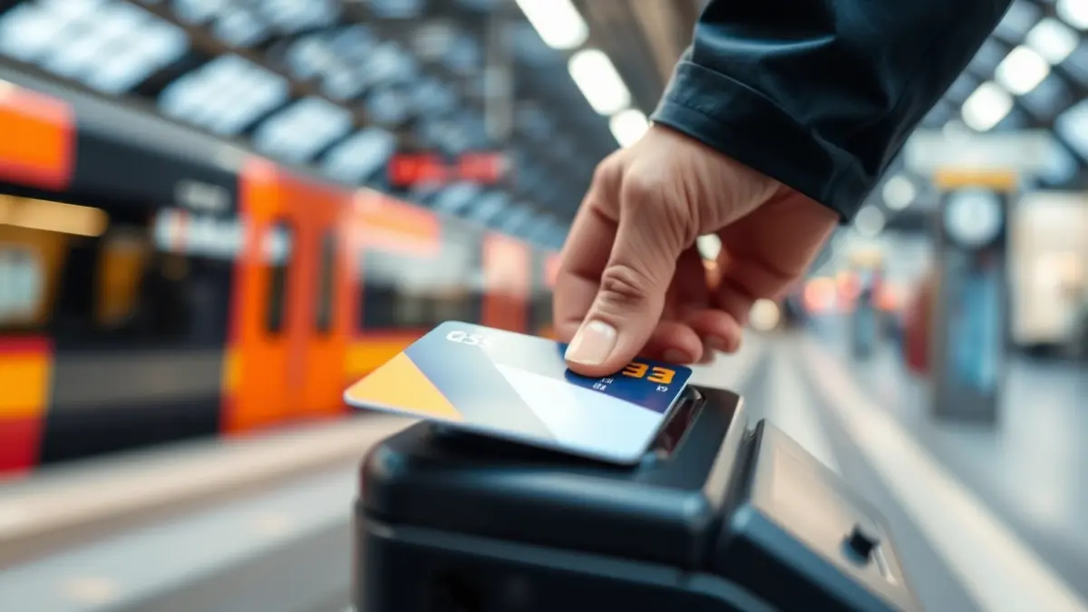 Garraio txartel bat ordainketa-irakurgailu batean pasatzen, tren geltoki baten atzealde lausoarekin.
