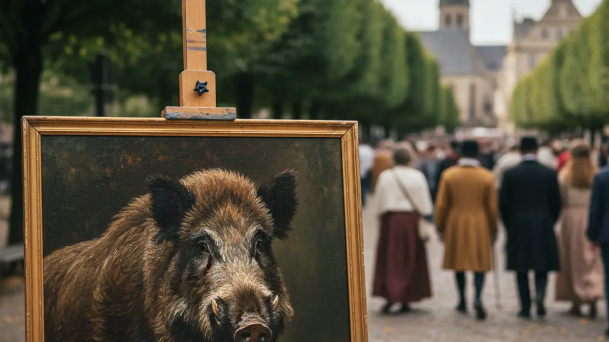 Generic image of a painting displayed outdoors, with a blurred urban landscape in the background.