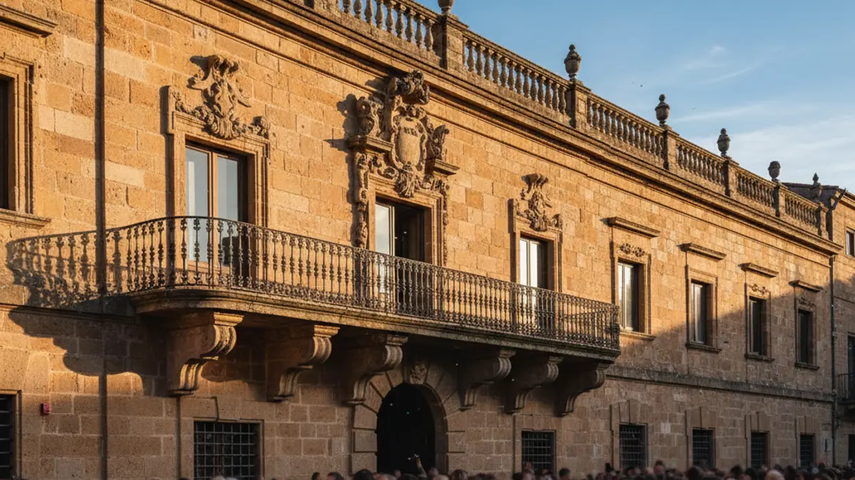 Imagen del ayuntamiento de Beasain, con gente saludando desde el balcón.
