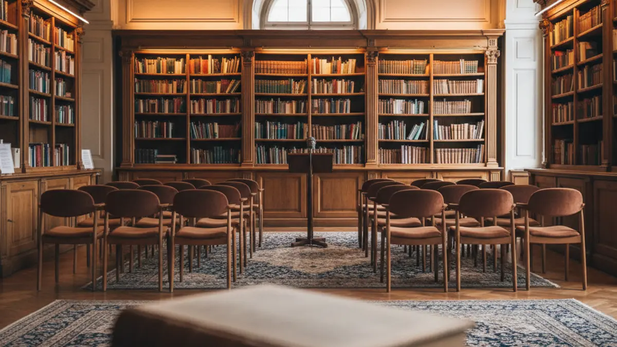 Generic image of a book presentation, showing a microphone and empty chairs.