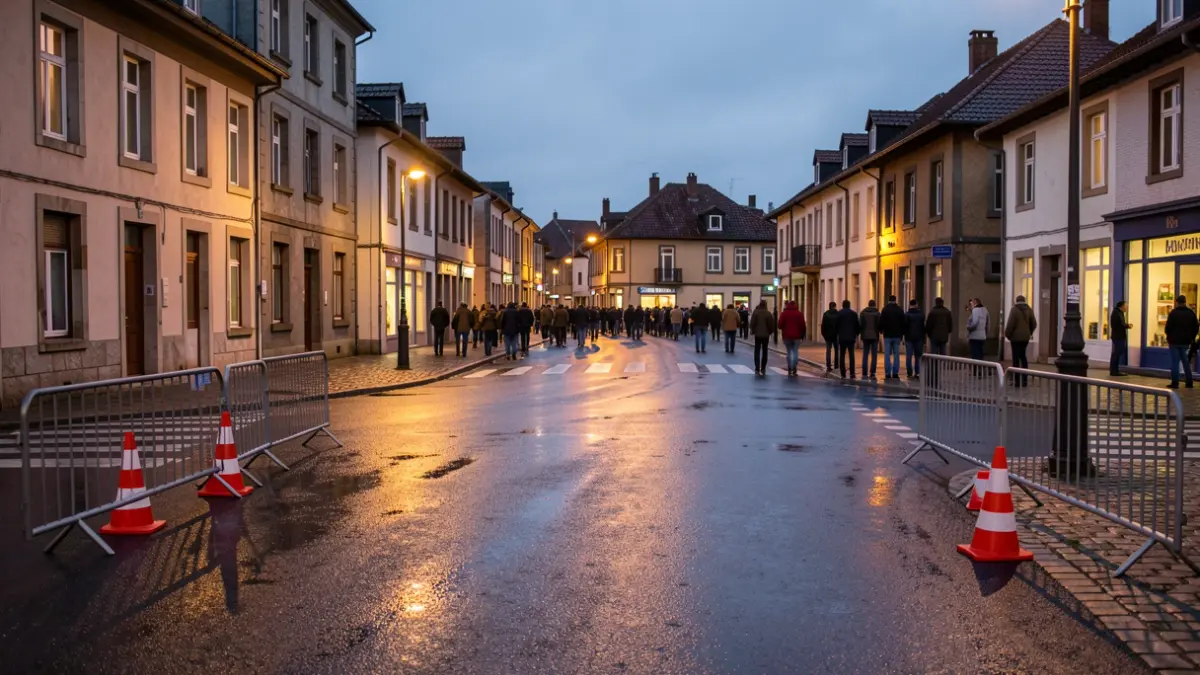 Beasaingo kale baten irudia, trafiko-hesiekin eta argi-efektuekin.