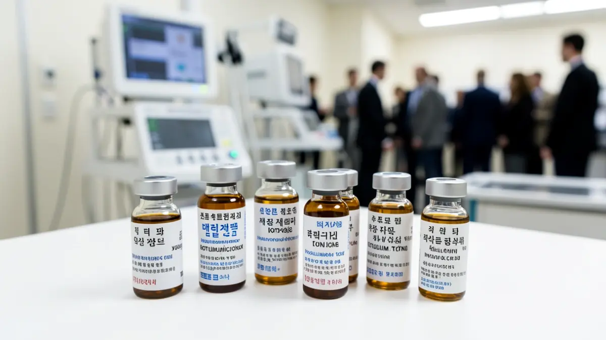 Close-up image of botox and hyaluronic acid vials, some with Korean or Vietnamese labels.