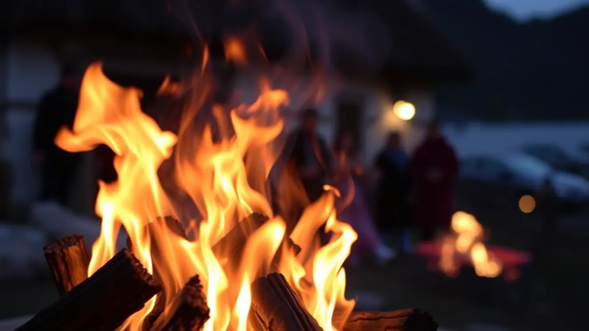Generic image of a Saint John's bonfire being lit at dusk, with blurred figures in the background.